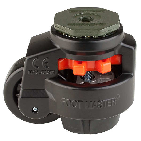 Foot Master Leveling Caster, 75 mm Nylon Wheel, M16x2.0P Stem, Swivel, 800 kg Cap, NBR Foot Pad, Black GD-100-S-NYN-FBL